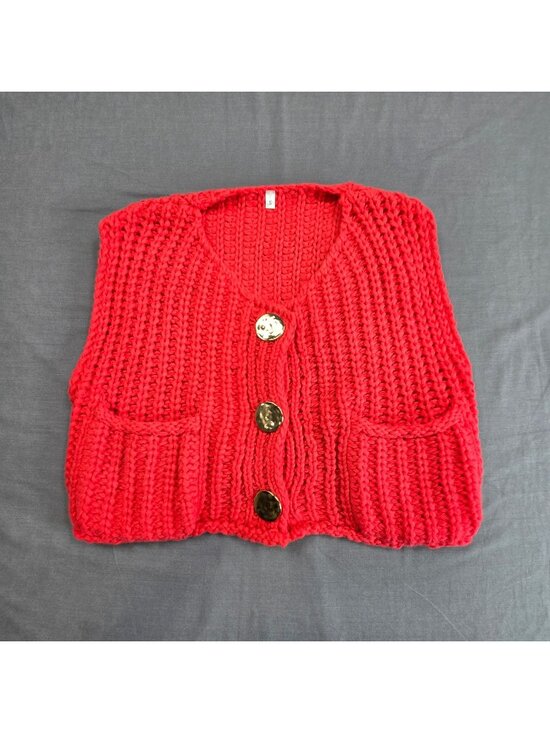Sweaters - Red Womens Small Knit Button-Up Sweater Vest Oversized Boxy Boho Pockets